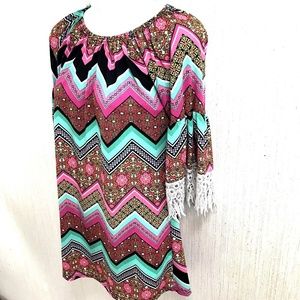 ❤️Boho Blouse S/M Tunic Half Bell 3/4 Lace Trim Sleeve NWOT